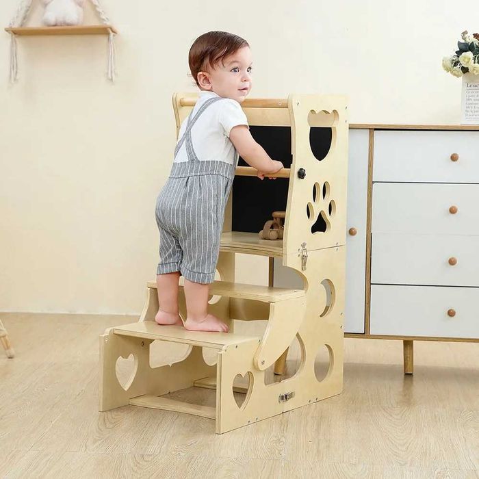 Помощна кула Монтесори за кухня, дървена кула за дете, Learning Tower, стъпало до плота