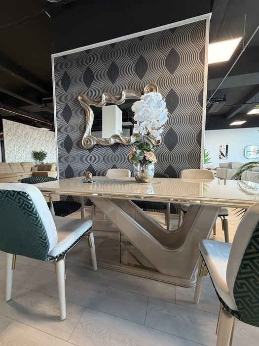 Masa cu picior decorativ MDF plin si 8 scaune