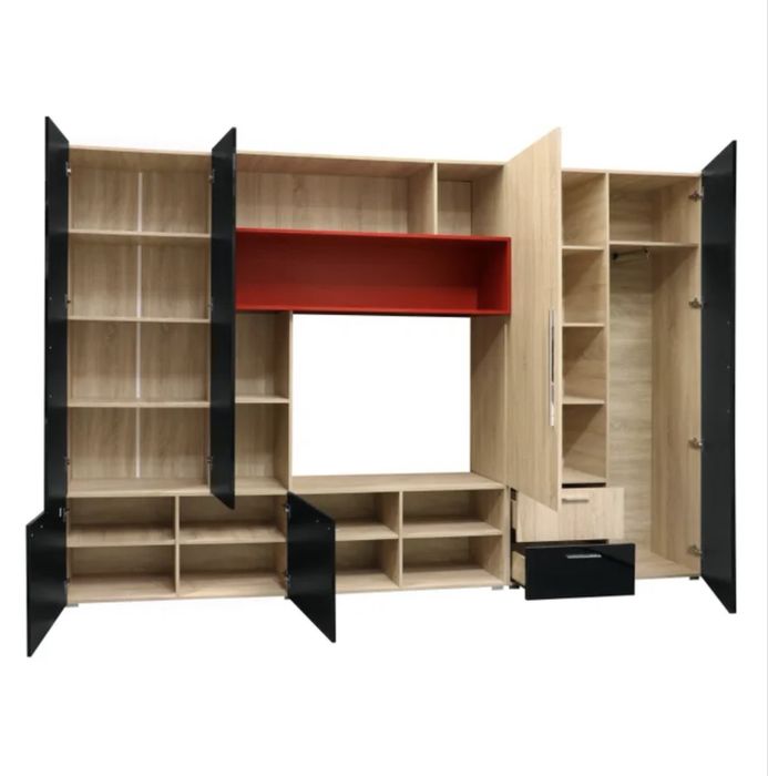 Vând Biblioteca living Rossena, stejar bardolino + negru + rosu, 335 cm, 7C Lungime:355 Adâncime:44 Înălțime:205 Detalii și preț în privat!