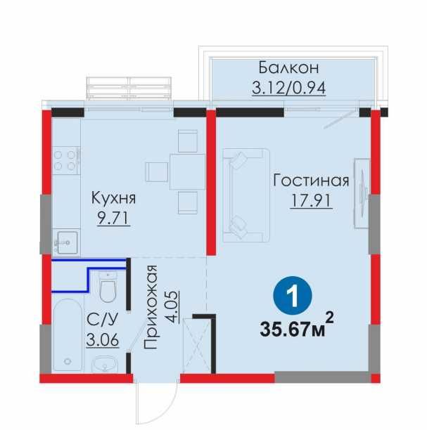 Готовая 1 комнатная 35.67 м2 на Мирадабе с Первым Взносом 9,084 у.е.