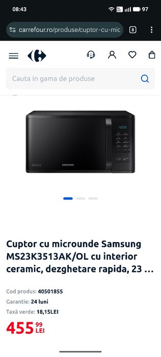 Cuptor microunde Samsung 23L negru interior ceramic GARANTIE 08.2026