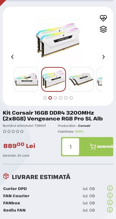 Memorie RAM Corsair Vengeance RGB Pro DDR4 16gb 3200mhz (2x 8gb White) alb