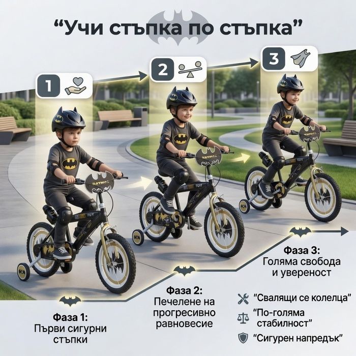 Детски велосипед Batman Dark Knight 16” с помощни колела, стоманена рамка и спирачки – за деца 5+