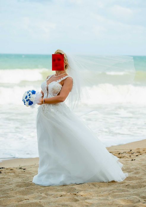 бутикова булченска рокля с подаръци воал,чанта,кошница,букет