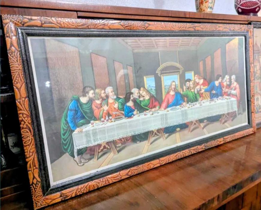 Tablou vechi „Cina cea de Taină” – decorativă deosebită, ramă sculptat