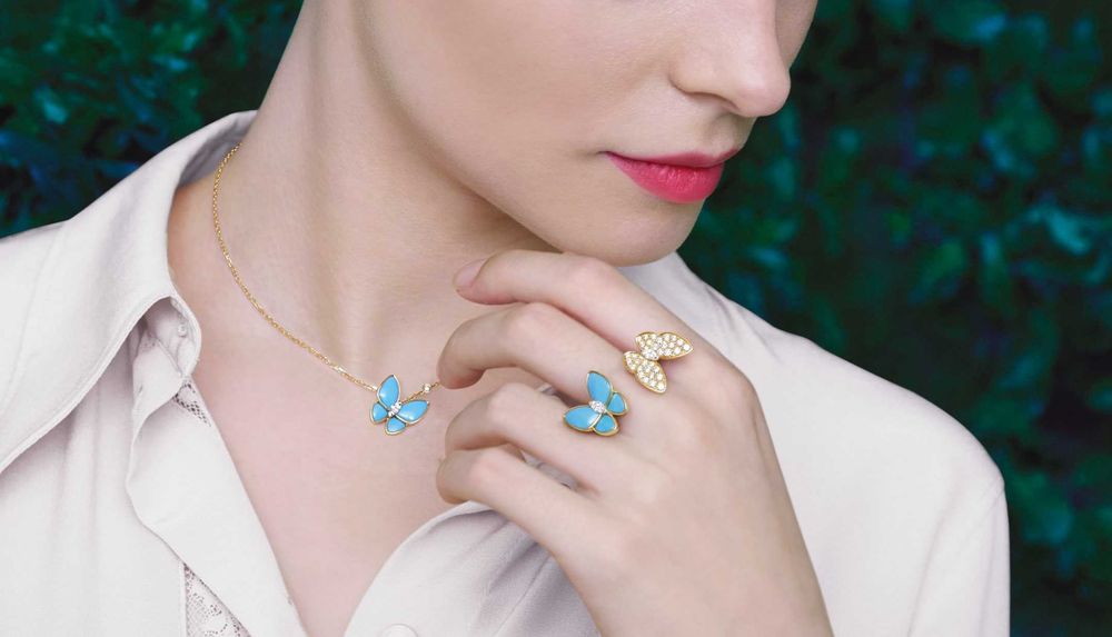 Van Cleef & Arpels VCA Gold Turquoise Two Butterfly Дамски Пръстен