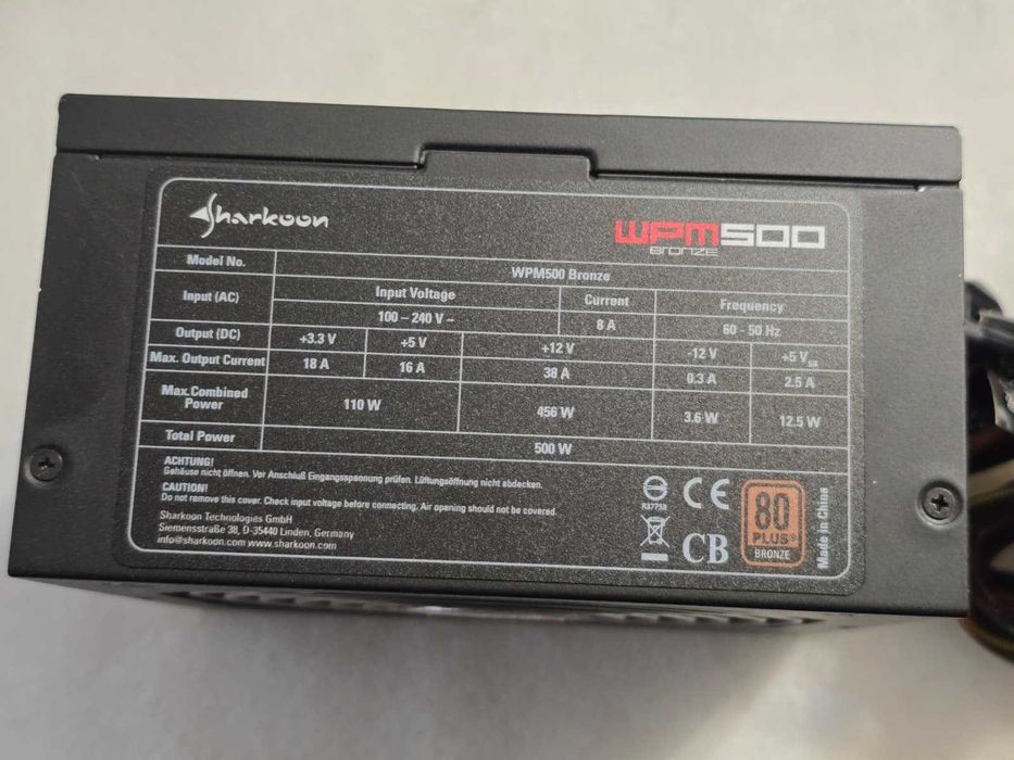 Sursa modulara PC Sharkoon WPM 500W 80PLUS Bronze, 1 x 6+2 pini