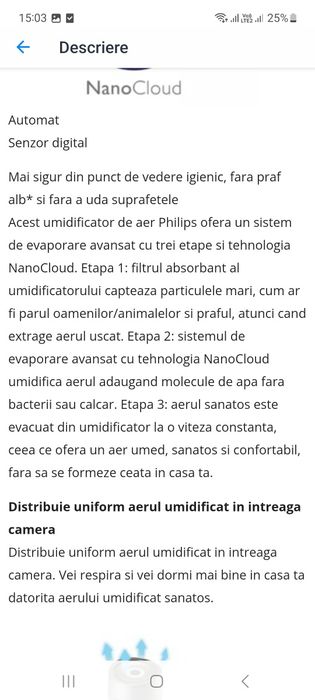 Umidificator aer Philips Nano Cloud. Filtru sigilat.