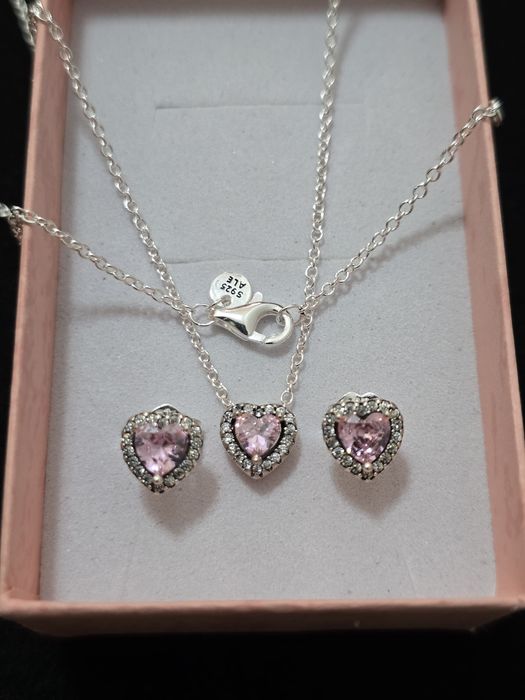 Set colier si cercei inima roz/pink heart