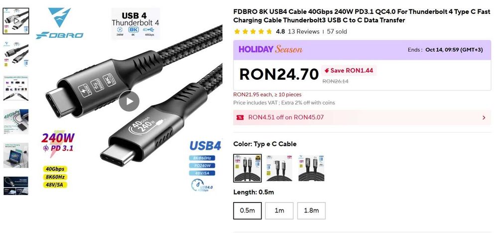 Cablu FDBRO 8K USB4 40Gbps 240W PD3.1 QC4.0 pentru Thunderbolt 4 tip C