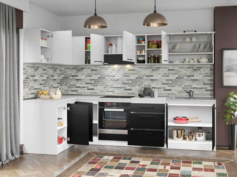 Set Mobila Bucatarie Colt Mina Yang 140*300 Ferrara/Alb C143