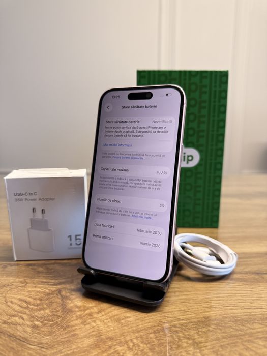 IPhone 15 5G de 128GB ca NOU cu Garanție 2Ani Flip 100% Sănătate Baterie Folie Husă și Încărcător nou