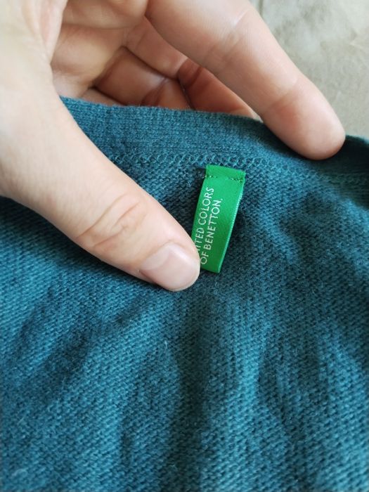 Benetton свитер кардиган платье из шерсти шерстяное L зелёный голубой
