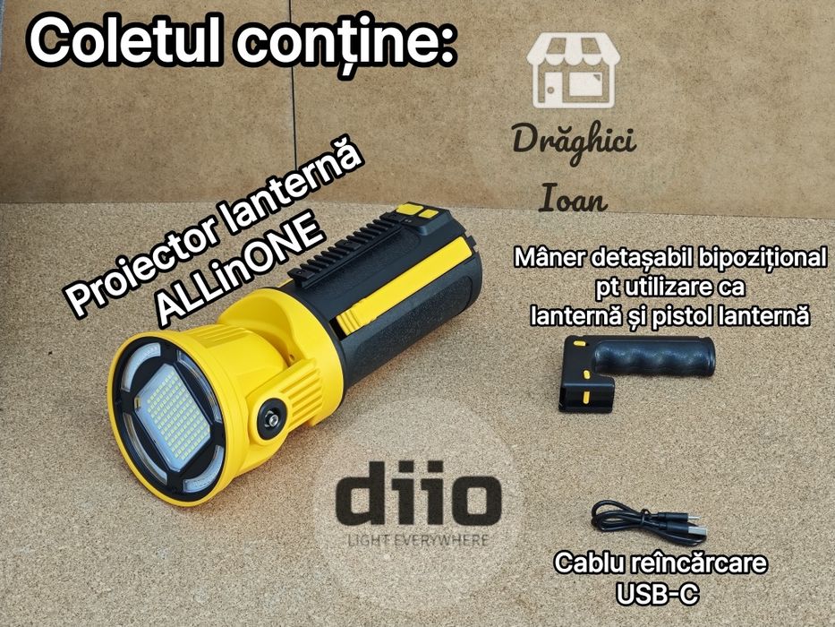 Proiector lanterna ALLinONE 117 LED alb, 44 led strobo si LED COB