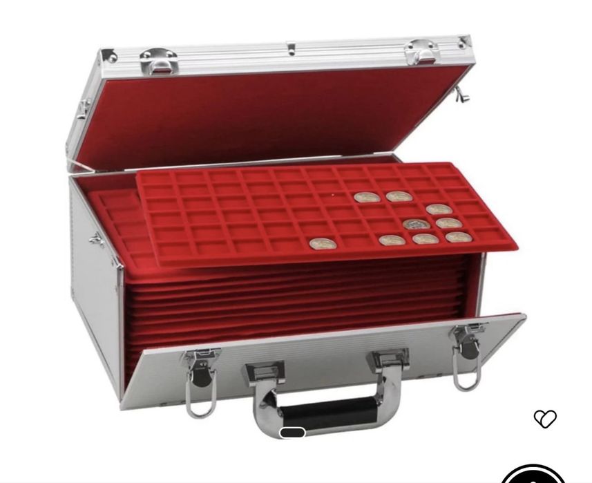 Valiza cu 15 tavi in catifea rosie pentru 600 monede de 34 mm, Safe Albums