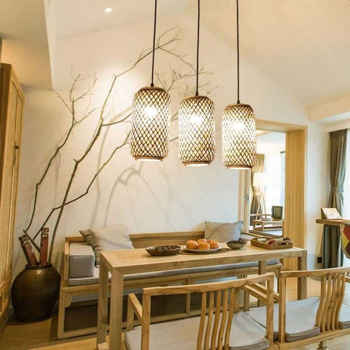 Ретро бамбук плетен висящa лампи Полилей винтидж, черна основа 221