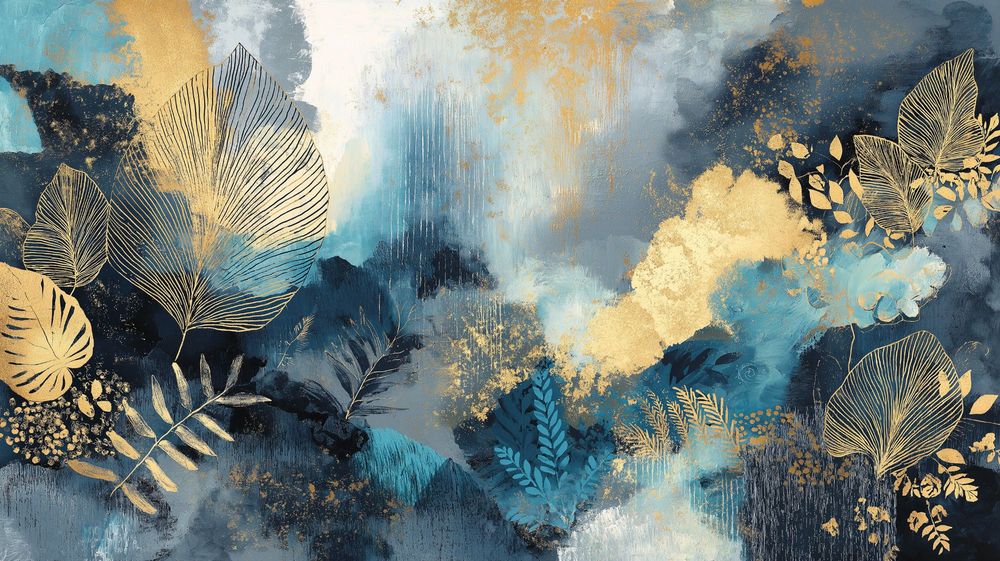 Tablou canvas Grădina de aur, abstract cu frunze aurii, albastru, 80×45 - 140×78 cm