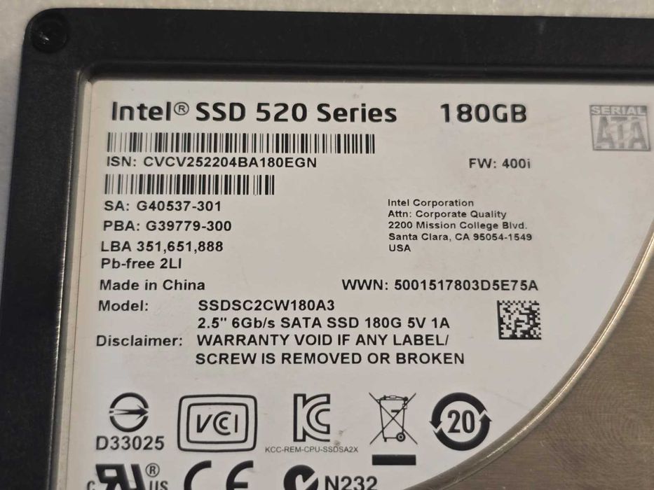 Solid-State Drive (SSD) Intel 520 180GB SATA 3 Model SSDSC2CW180A3