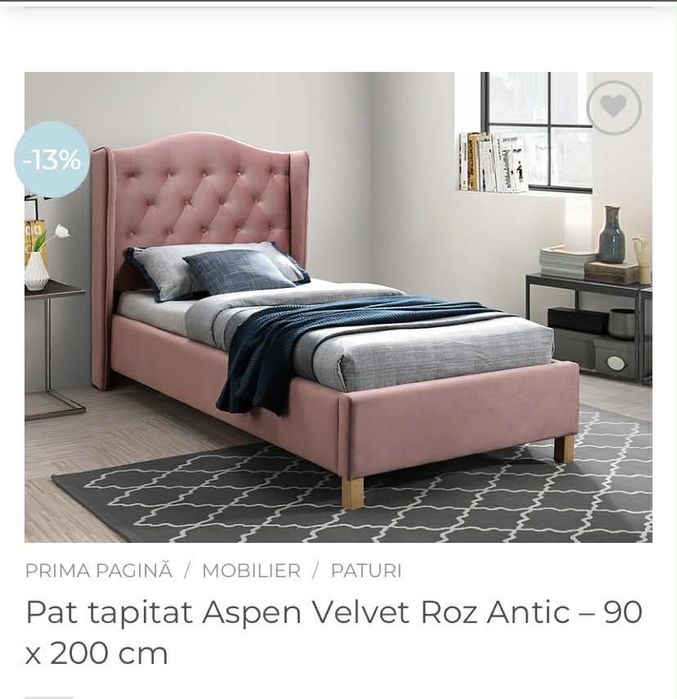 Pat tapitat Aspen Velvet Roz Antic – 90 x 200 cm