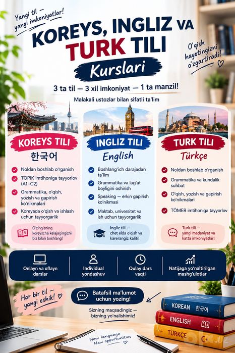 Koreys va Ingliz tili kurslari | TOPIK tayyorlov | Onlayn darslar