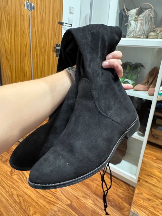 Велурени дамски чизми над коляното с равна подметка, 38 номер