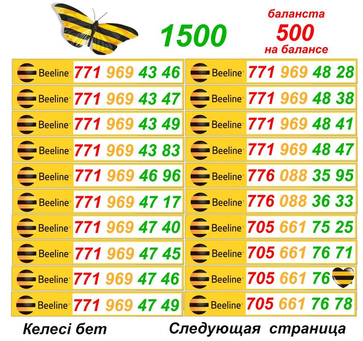 Билайн номера. Сим карты Билайн. 1 500 тг.