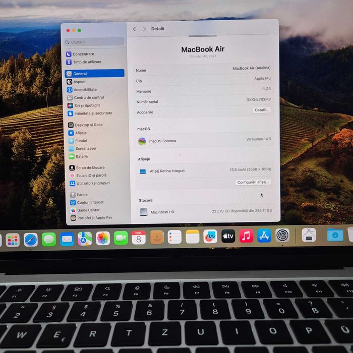 Laptop Apple MacBook Air M3 2024 8gb 256gb Silver 19cicluri Zeus 34519