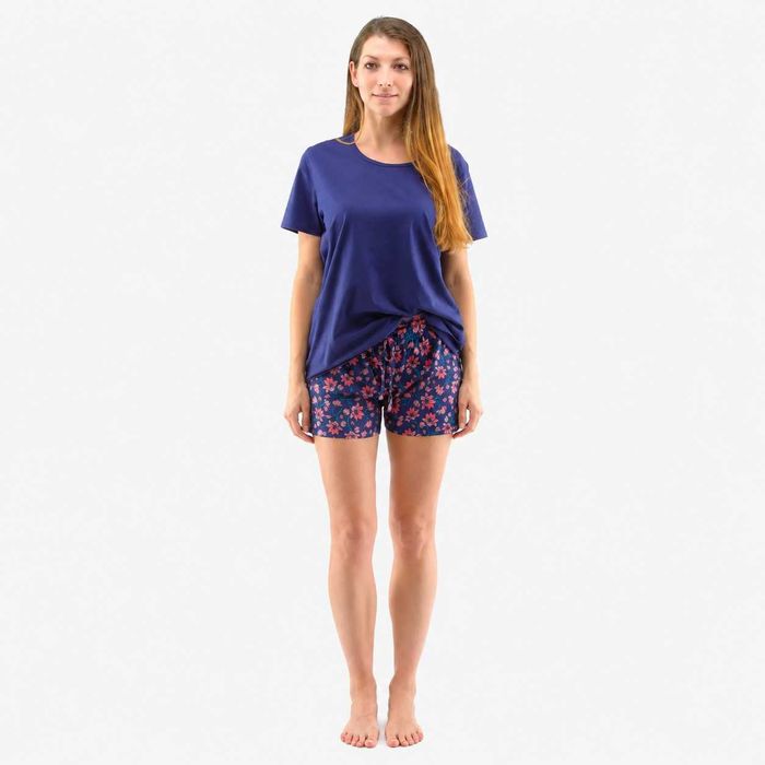 Gina Pijama dama din bumbac, tricou cu maneca scurta si pantaloni scurti cu imprimeu floral, albastru, marimea XL