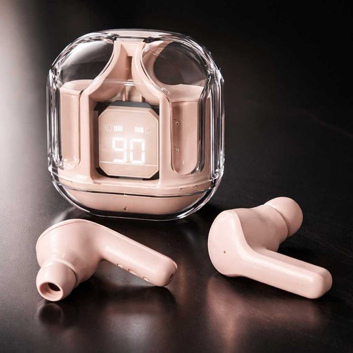 Безжични Bluetooth слушалки с LED дисплей и прозрачен заряден калъф