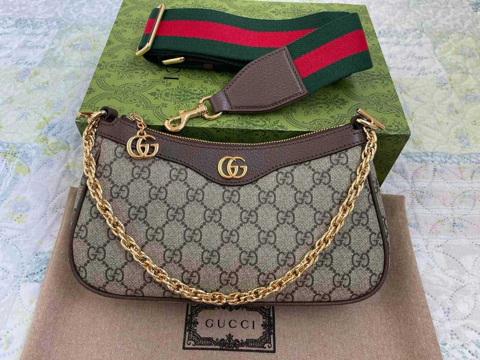 Гучи Бежова Canvas Чанта Ophidia За Рамо Оригинална Кожа Синджир Gucci
