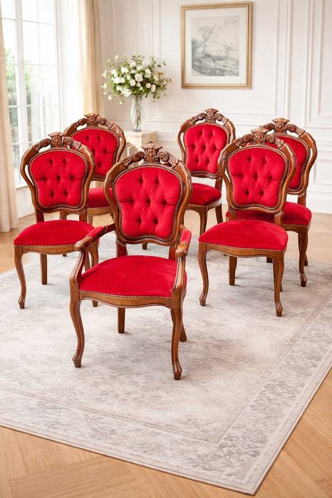 Комплект от 6 трапезни стола с червена плюшена дамаска
