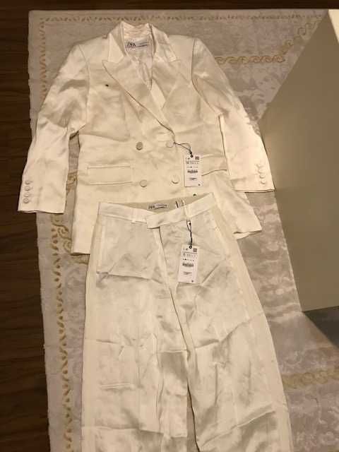 zara costum alb in double breasted straight pantalon shimmer lucios nou S/XS  oyster ecru