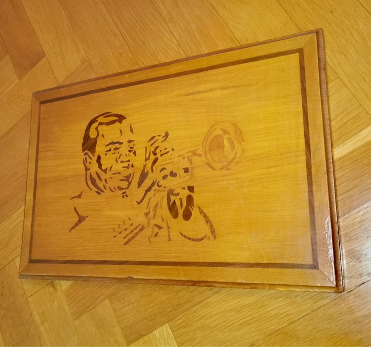 Антикварна картина дървена интарзия на Луис Армстронг ръчна изработка