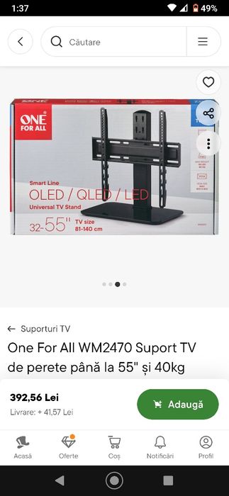 Suport TV de camera / monitor, fara gauri in perete, One for all, max