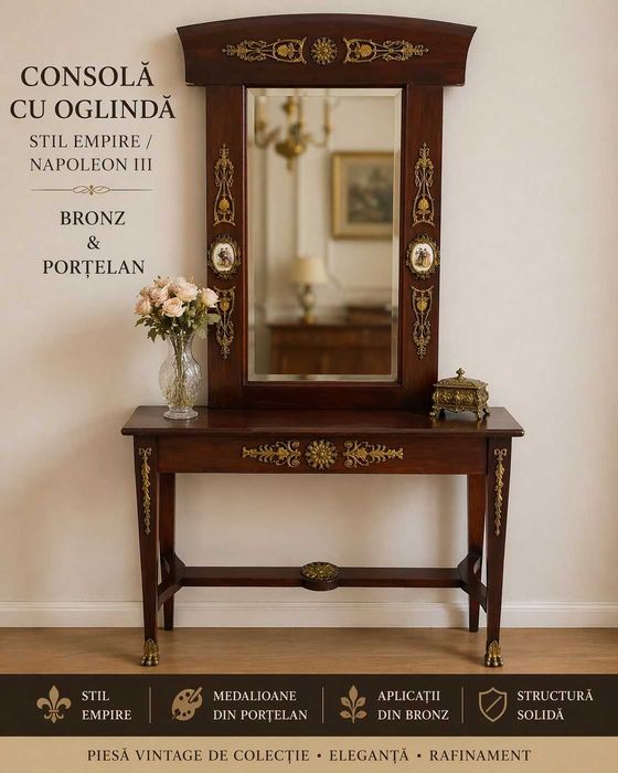 Consolă + oglindă stil Empire / Napoleon III, bronz și porțelan, vintage