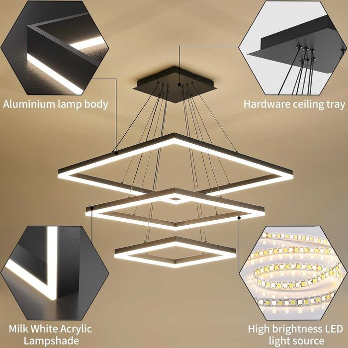 Модерен LED полилей, димируем, 3-слоен квадрат, регулиране на височина