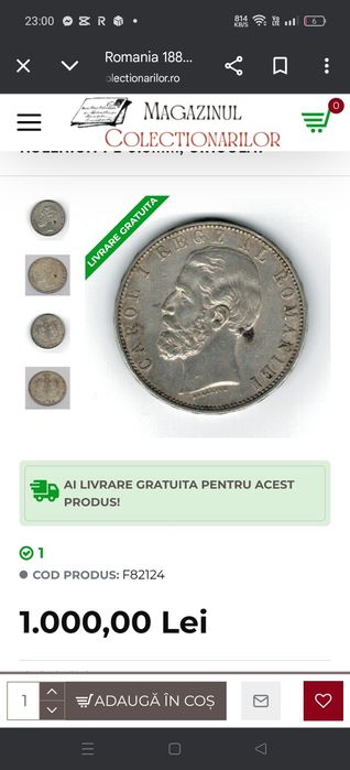 Moneda Argint 5lei 1883 b Carol 1