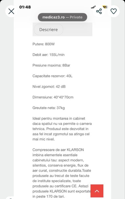 Vand compresor silentios, fara ulei, 850w 165/min 40l