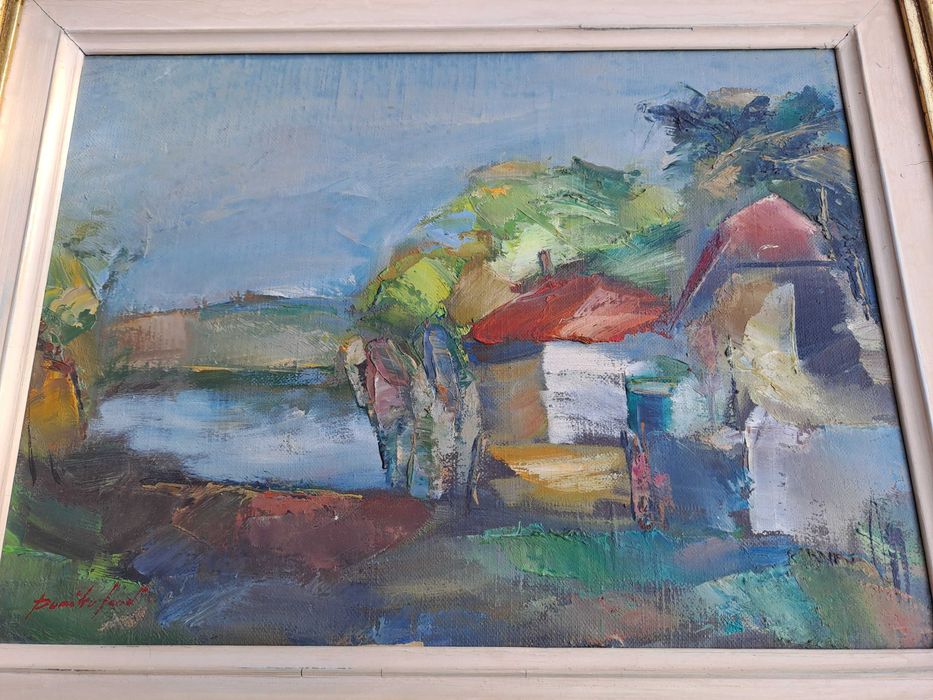 tablou romanesc pictura pe panza 58/48 cm semnat Dumitru