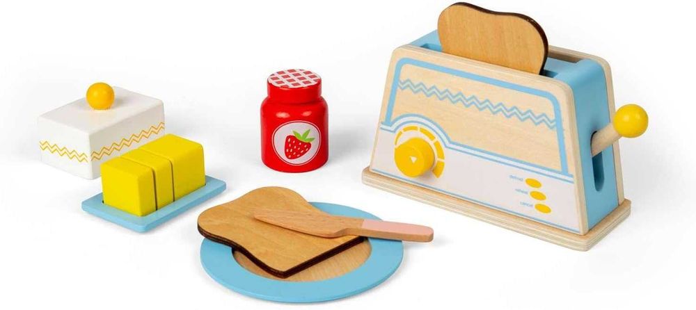 Bigjigs Toys Дървен комплект за закуска, кухненски аксесоари за игра