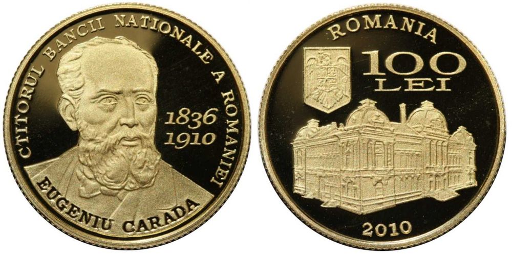 Moneda aur BNR 100 Lei, Eugeniu Carada, gradata NGC PF 68 UC