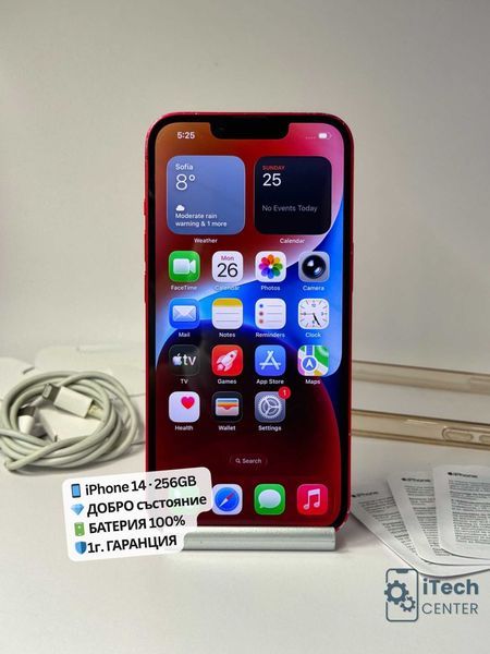 iPhone 14, 256GB, RED, 100% батерия, 1г. пълна ГАРАНЦИЯ!