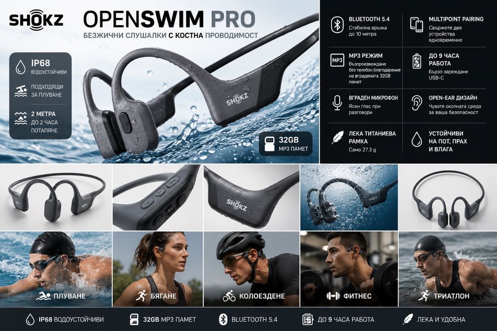 НОВО!!! Безжични спортни слушалки с костна проводимост     Shokz OpenSwim Pro