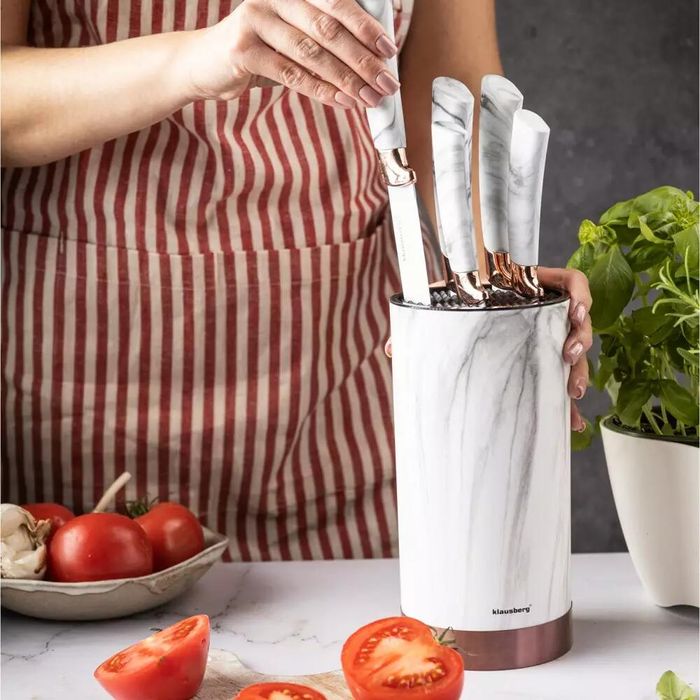 Set cutite din inox cu suport, 6 elemente, alb cu model maro, Kinghoff