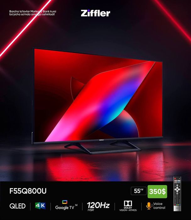 Телевизор Ziffler 55 TV Qled 4K Android 120Hz golosovoy pult