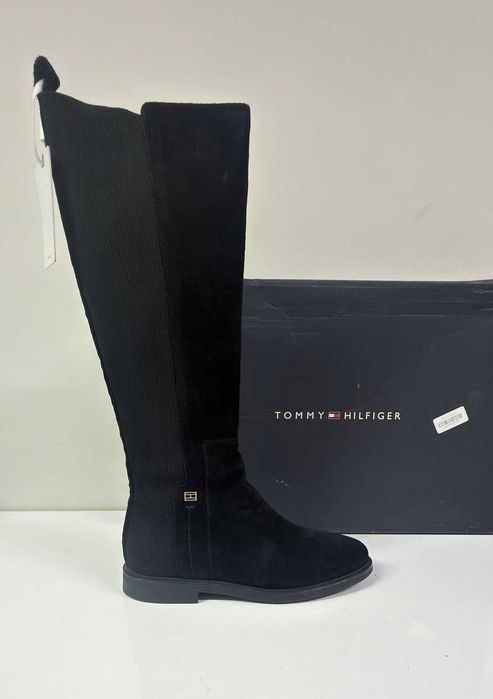 НОВИ Дамски велурени ботуши TOMMY HILFIGER Flag Long Boot (Черни) - Размер 37 (23.5 см стелка)