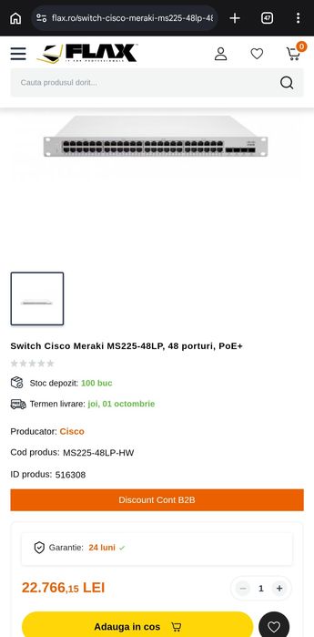 Cisco Meraki MS225-48LP Switch 48 Porturi PoE+ SIGILAT / Nou în Cutie / NEFOLOSIT + Transfer Licență/Dashboard