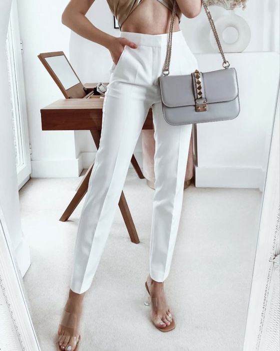 Pantaloni conici albi eleganti cu vipusca talie inalta Zara marimea XS