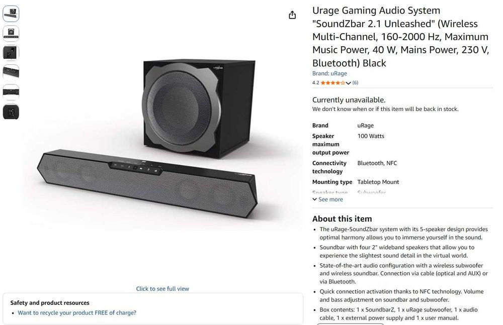 Soundbar 2.1 Hama uRage SoundZbar 2.1 Unleashed wireless garantie 1 an