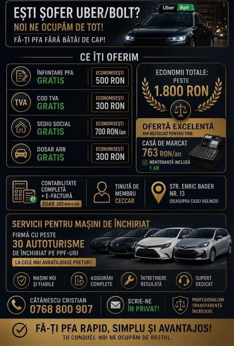 Contabilitate PFA Uber / Bolt / Infiintare / Sediu social firma / SRL
